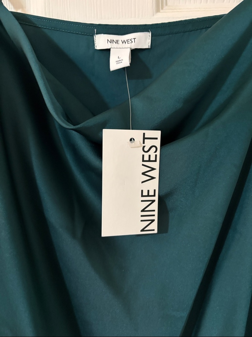 Nine West Teal Satin Cowl Neck Top large NWT - Picture 2 of 7